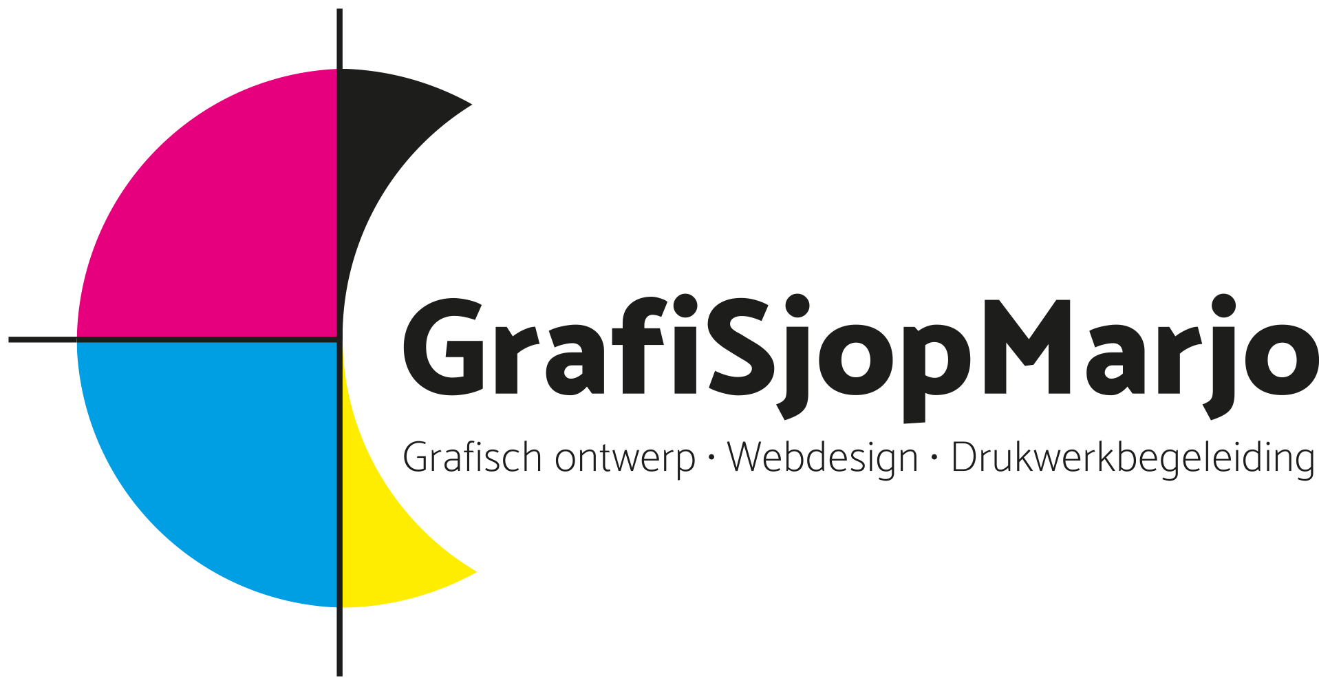 Logo GrafiSjopMarjo met de werkzaamheden die worden gedaan grafisch ontwerp, webdesign en drukwerkbegeleiding