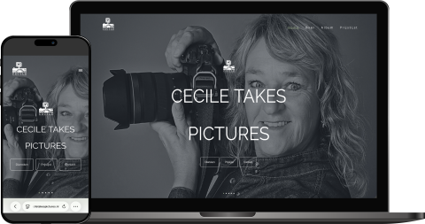 Voorbeeld website Cecile takes pictures op een beeldscherm van een laptop en mobiele telefoon